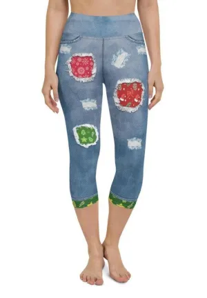 Ripped Denim Christmas Yoga Capris