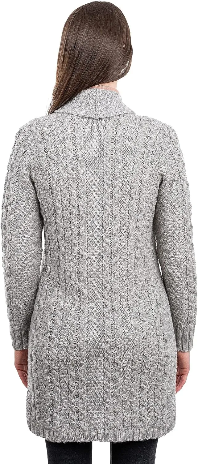 SAOL 100% Irish Merino Wool Ladies Shawl Collar Cardigan Coat with Pockets