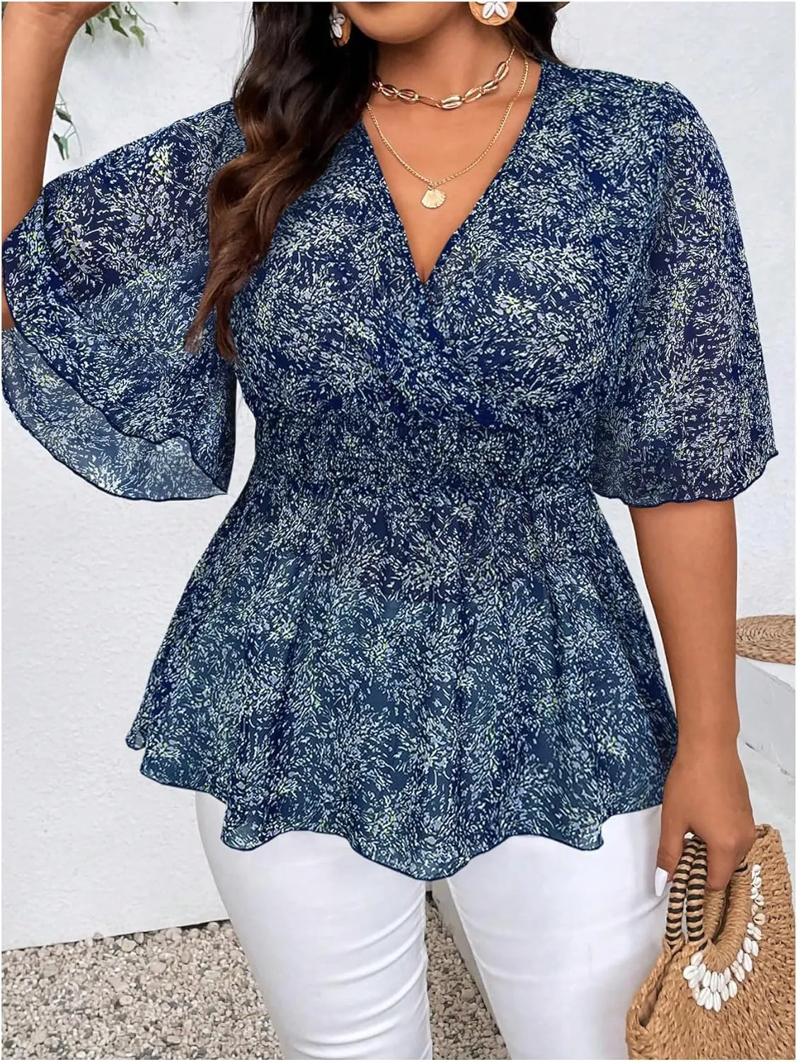 SOLY HUX Women's Plus Size V Neck Blouses Floral Print Flowy Peplum Tops Summer Ruffle Chiffon Shirts