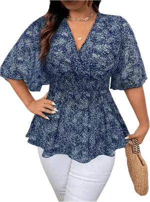 SOLY HUX Women's Plus Size V Neck Blouses Floral Print Flowy Peplum Tops Summer Ruffle Chiffon Shirts