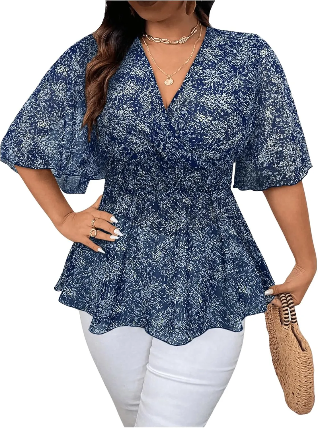 SOLY HUX Women's Plus Size V Neck Blouses Floral Print Flowy Peplum Tops Summer Ruffle Chiffon Shirts
