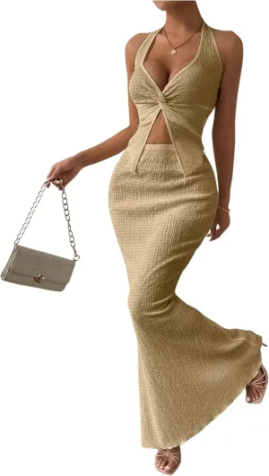 SOLY HUX Women's Two Piece Outfits Twist Front Halter Cami Tops and Skirt Summer Set