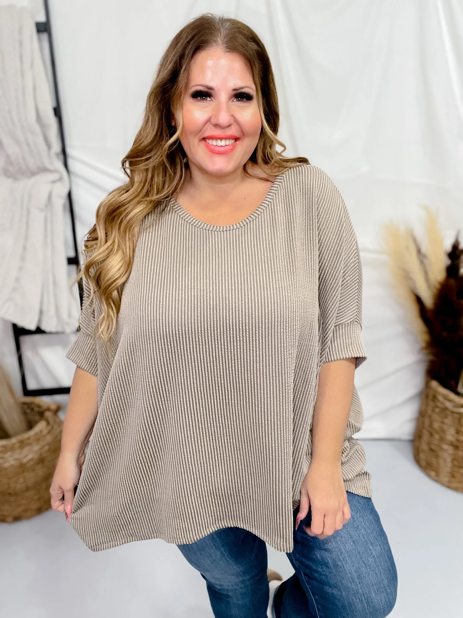 Tan Olive Round Neck Ribbed Tunic Top FINAL SALE