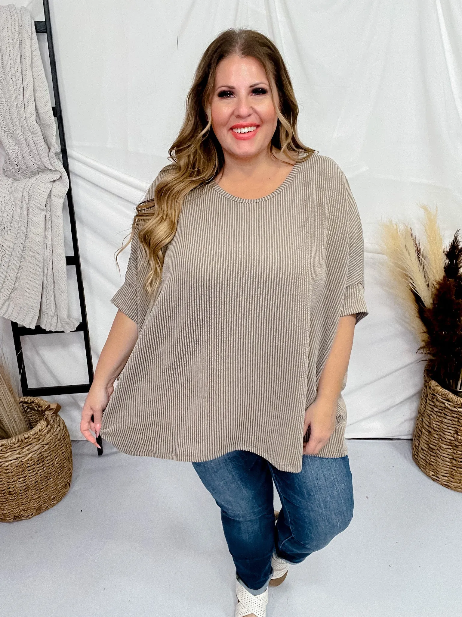 Tan Olive Round Neck Ribbed Tunic Top FINAL SALE