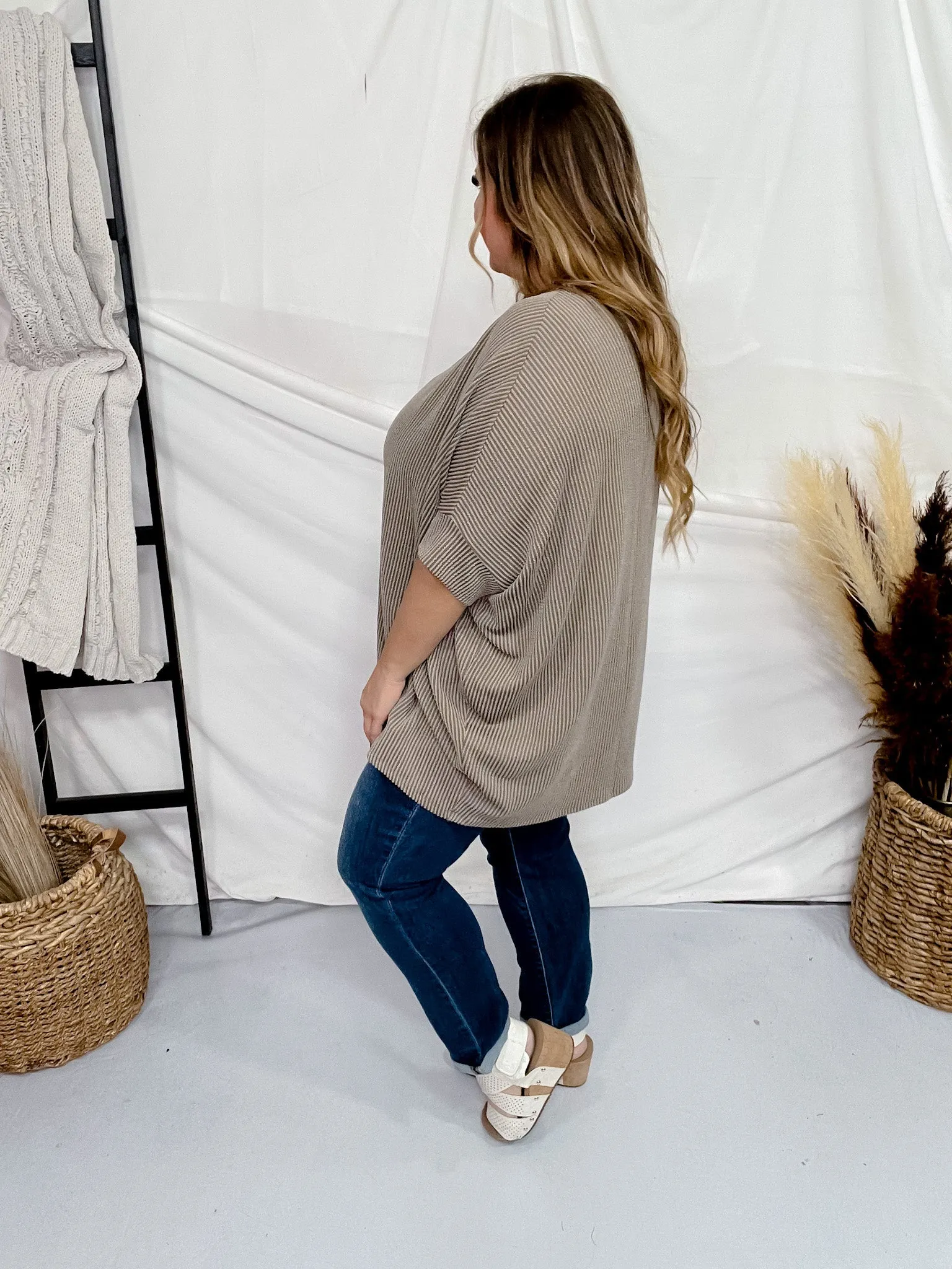 Tan Olive Round Neck Ribbed Tunic Top FINAL SALE