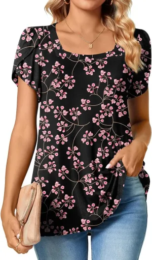 TAOHUADAO Womens 2025 Summer Casual T-Shirts Square Neck Petal Short Sleeve Tunic Tops