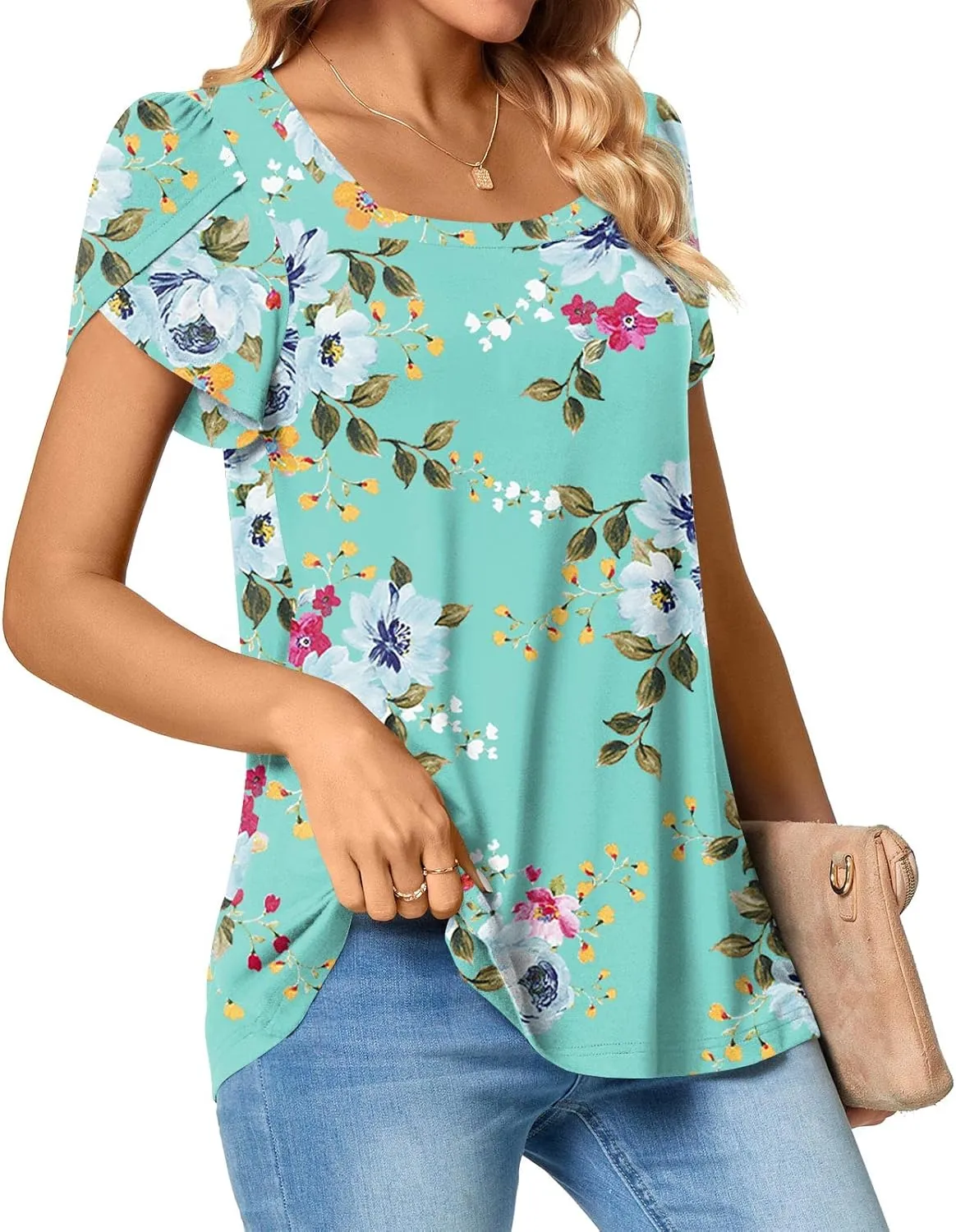 TAOHUADAO Womens 2025 Summer Casual T-Shirts Square Neck Petal Short Sleeve Tunic Tops