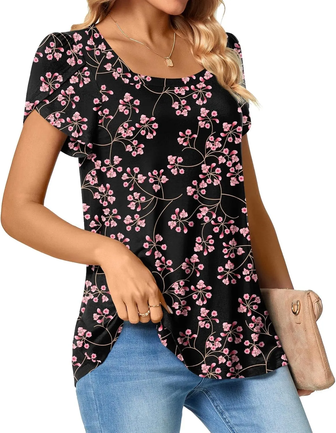 TAOHUADAO Womens 2025 Summer Casual T-Shirts Square Neck Petal Short Sleeve Tunic Tops