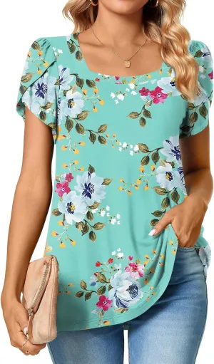 TAOHUADAO Womens 2025 Summer Casual T-Shirts Square Neck Petal Short Sleeve Tunic Tops