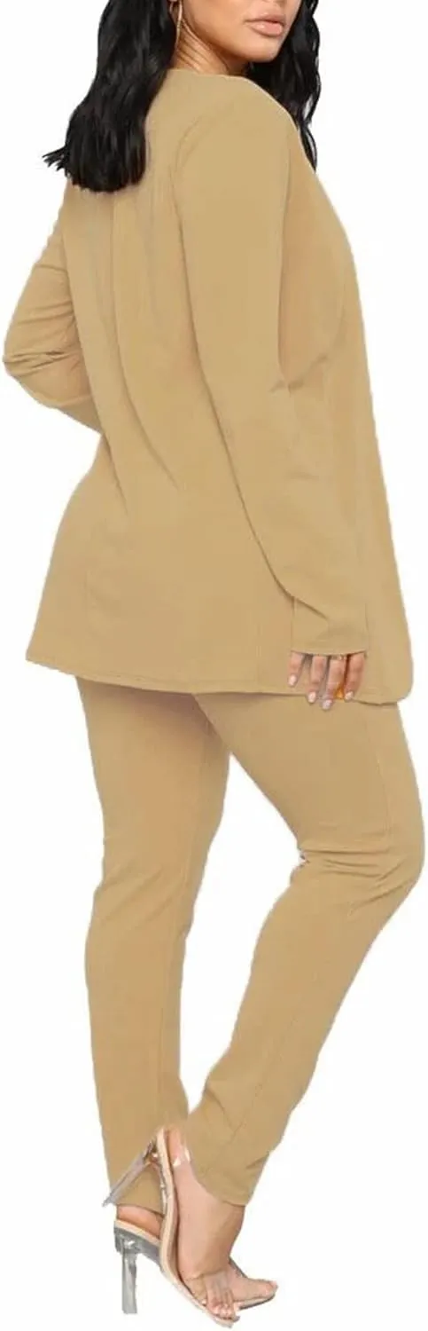 Tcremisa Women's Casual Pants Suit 2 Piece Business Outfits Solid Long Sleeve Blazer and Pencil Pant Sets