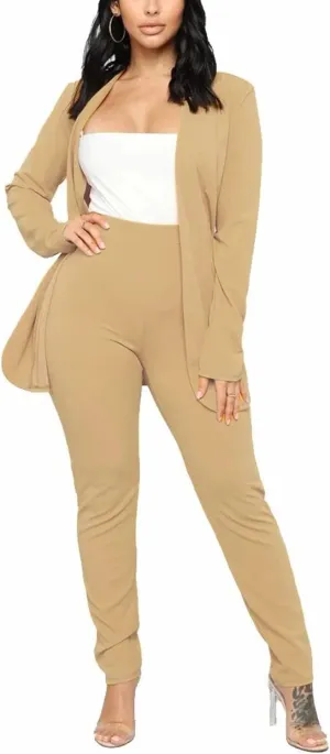 Tcremisa Women's Casual Pants Suit 2 Piece Business Outfits Solid Long Sleeve Blazer and Pencil Pant Sets