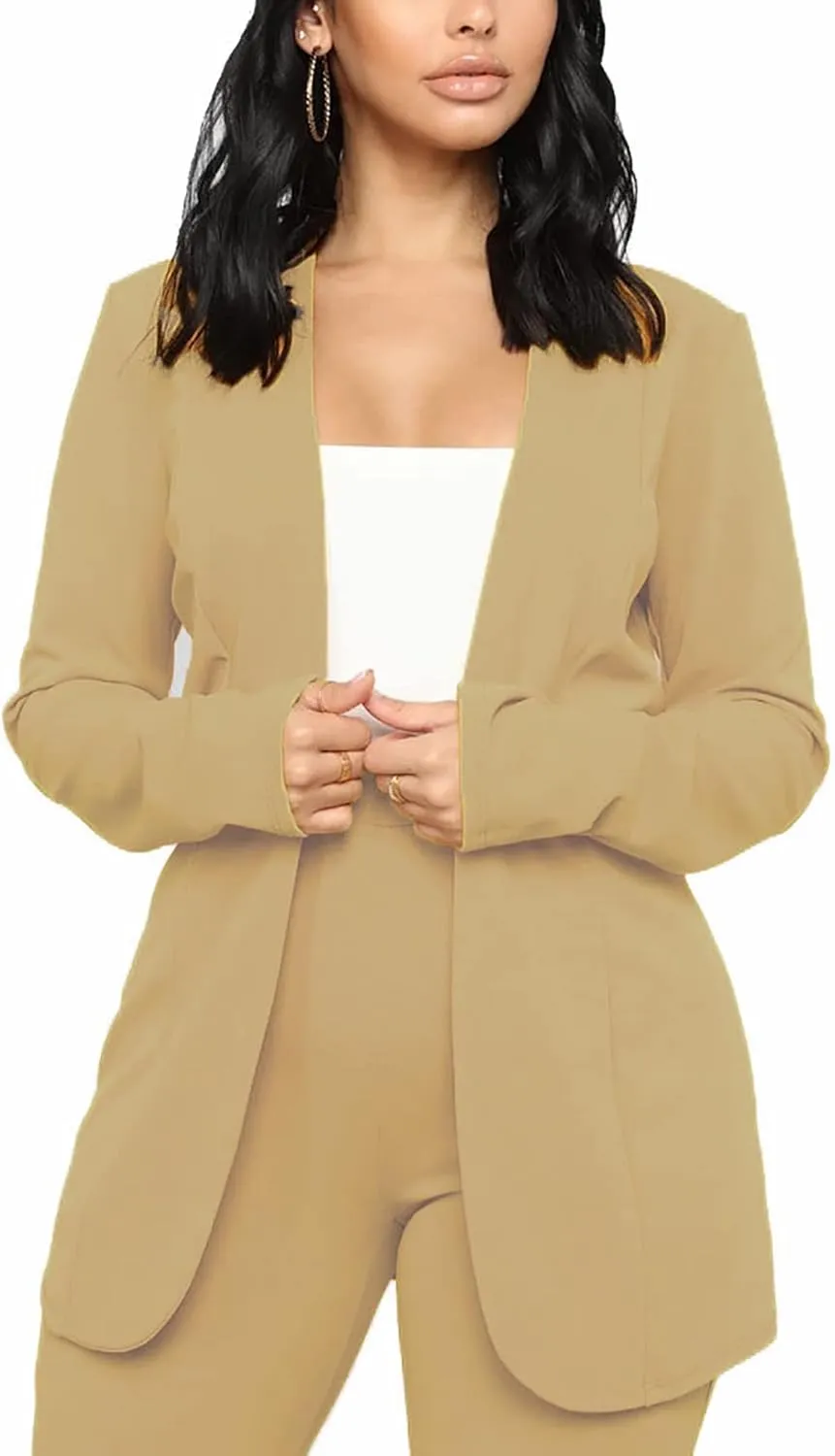 Tcremisa Women's Casual Pants Suit 2 Piece Business Outfits Solid Long Sleeve Blazer and Pencil Pant Sets