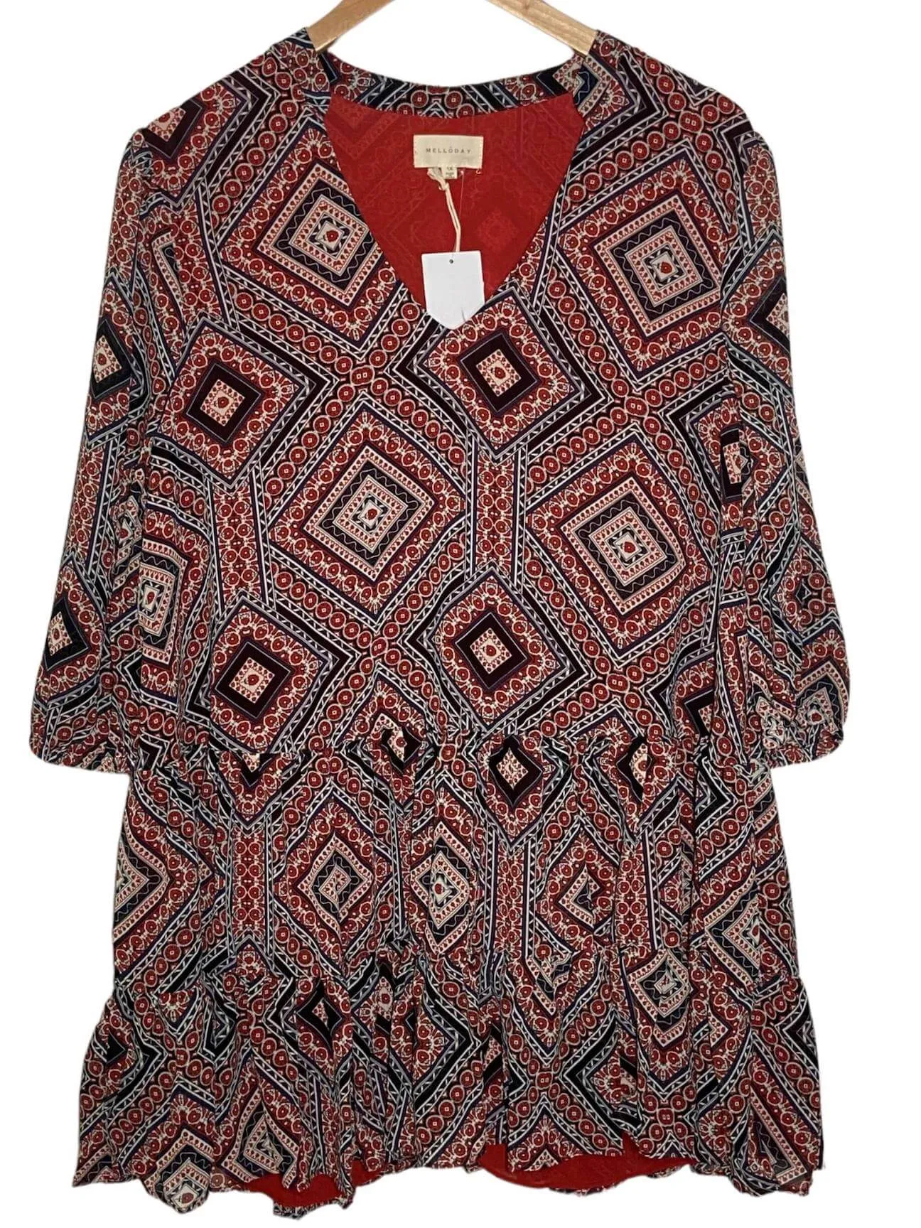 Warm Autumn Diamond Print V-Neck Tiered Tunic
