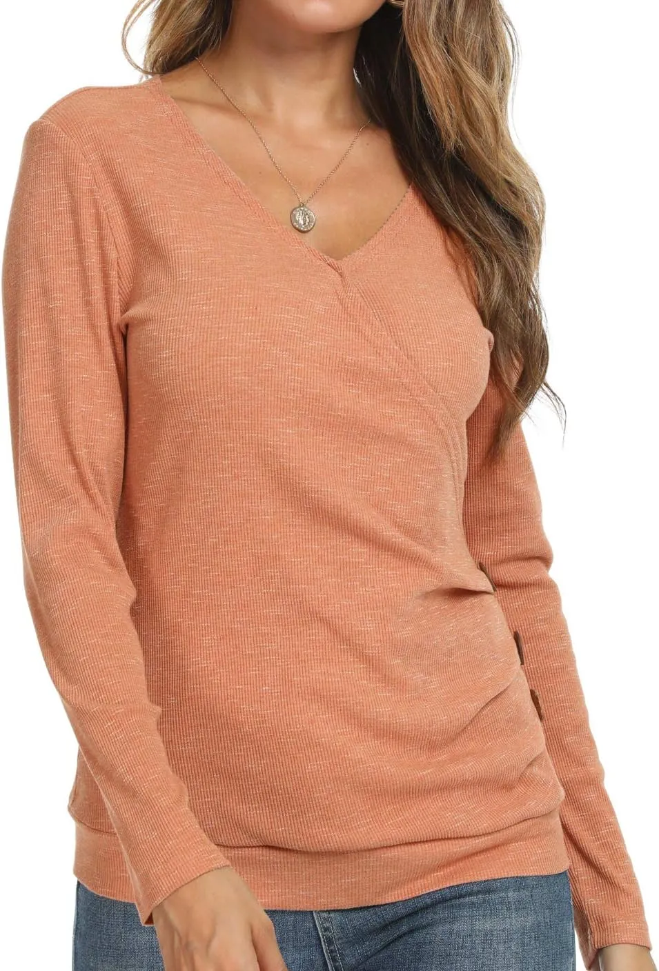 WEIYAN Women's Wrap V Neck Tops Tunic Long Sleeve Casual T-Shirts Blouse