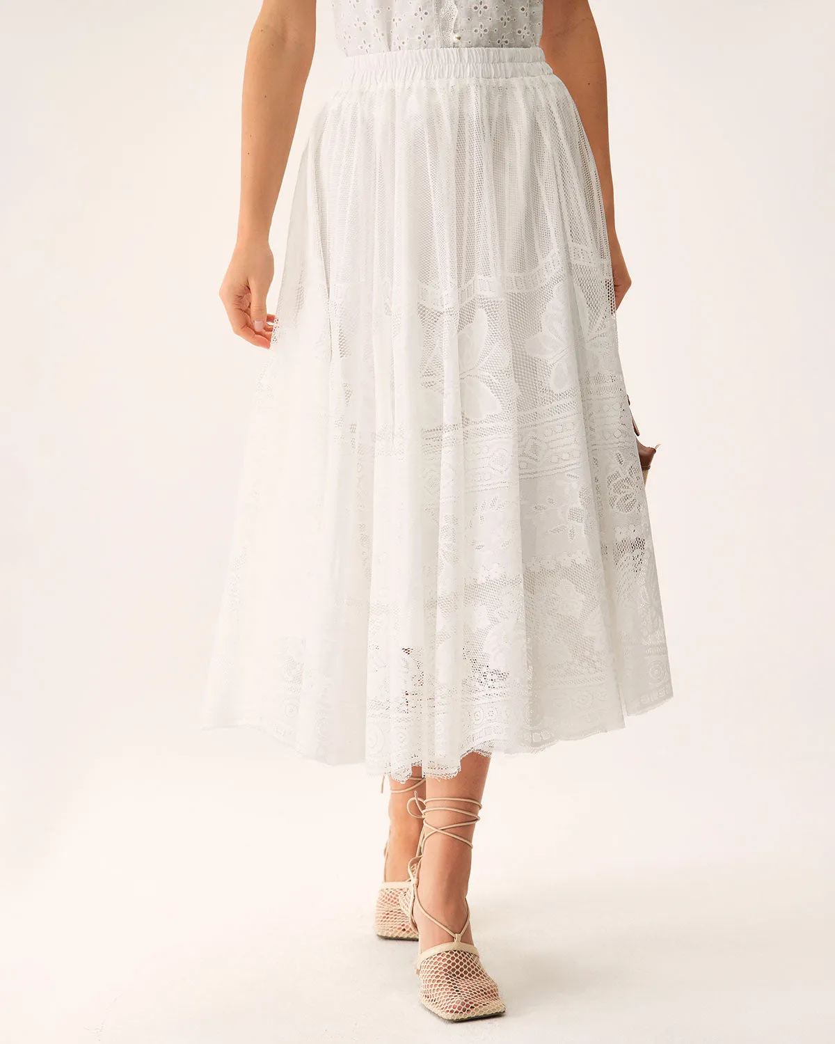 White Lace Elastic Waist Midi Skirt