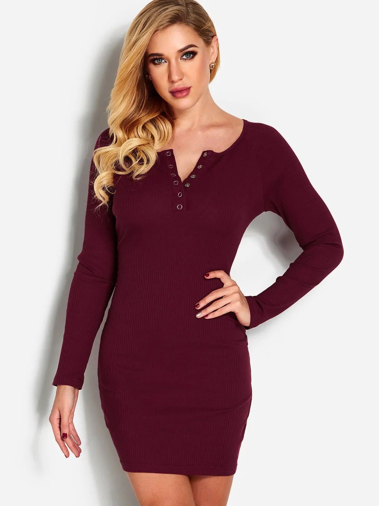 Wholesale Red V-Neck Long Sleeve Plain Dress