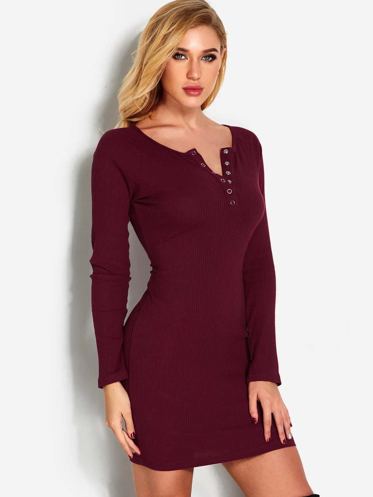 Wholesale Red V-Neck Long Sleeve Plain Dress