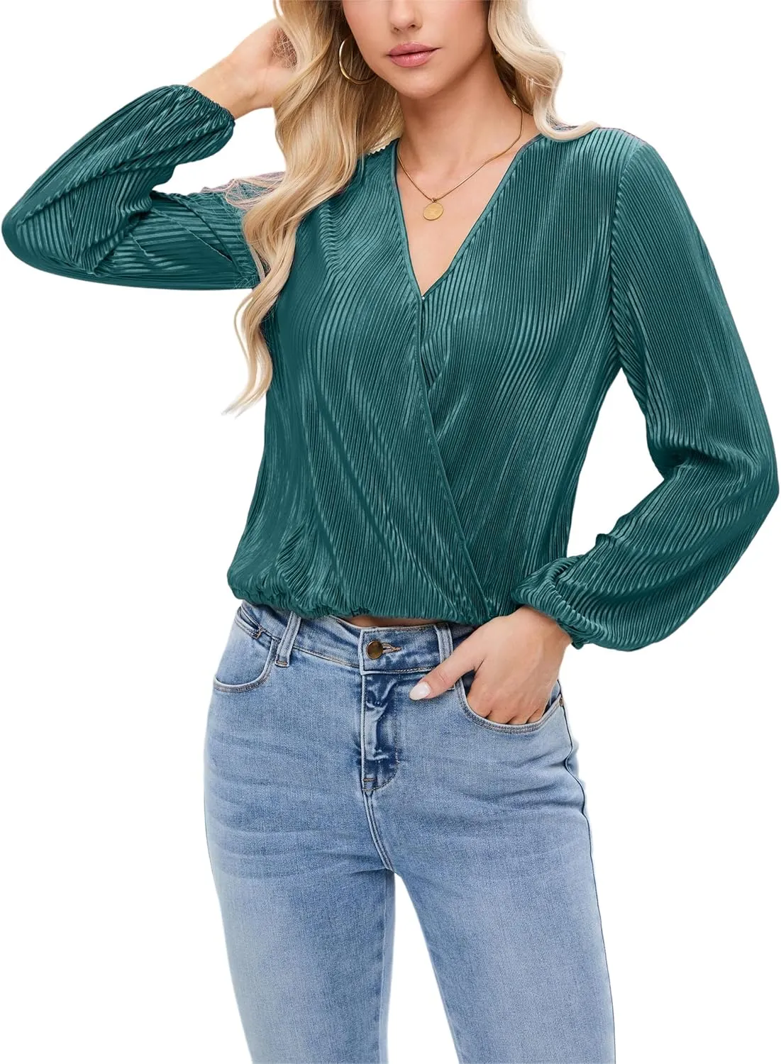 Women Long Lantern Sleeve Shirts Dressy Casual Loose Fit Fall V Neck Blouses Date Night Tops