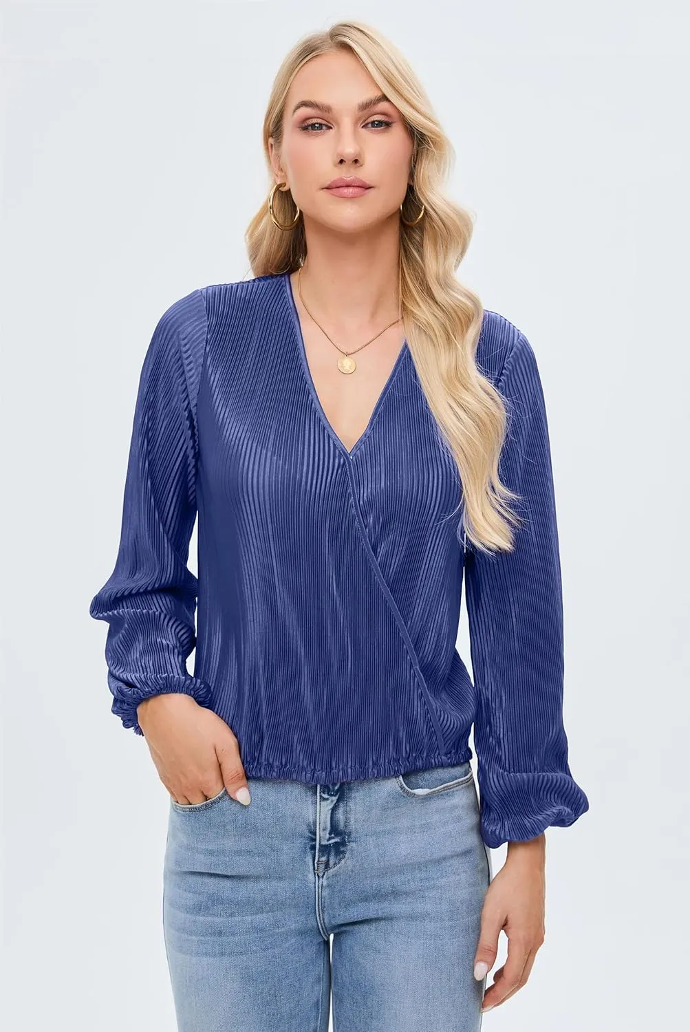 Women Long Lantern Sleeve Shirts Dressy Casual Loose Fit Fall V Neck Blouses Date Night Tops
