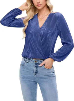 Women Long Lantern Sleeve Shirts Dressy Casual Loose Fit Fall V Neck Blouses Date Night Tops