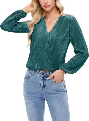 Women Long Lantern Sleeve Shirts Dressy Casual Loose Fit Fall V Neck Blouses Date Night Tops