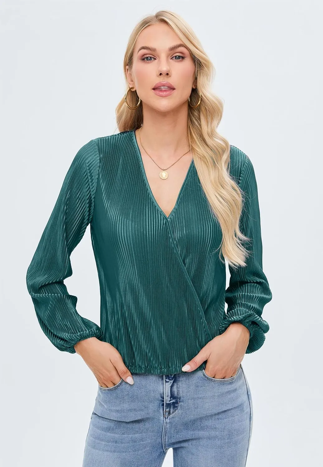 Women Long Lantern Sleeve Shirts Dressy Casual Loose Fit Fall V Neck Blouses Date Night Tops