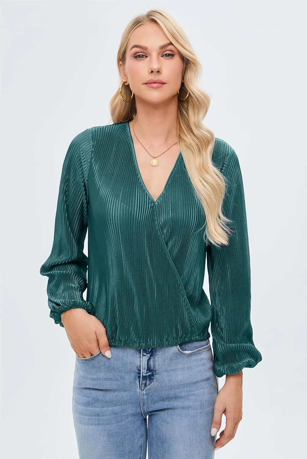 Women Long Lantern Sleeve Shirts Dressy Casual Loose Fit Fall V Neck Blouses Date Night Tops