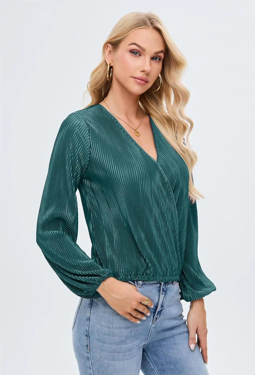Women Long Lantern Sleeve Shirts Dressy Casual Loose Fit Fall V Neck Blouses Date Night Tops