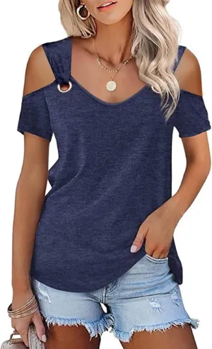 Womens Fashion Cold Shoulder Tops V Neck Blouse Tunic Shirts Summer Short Sleeve T Shirts