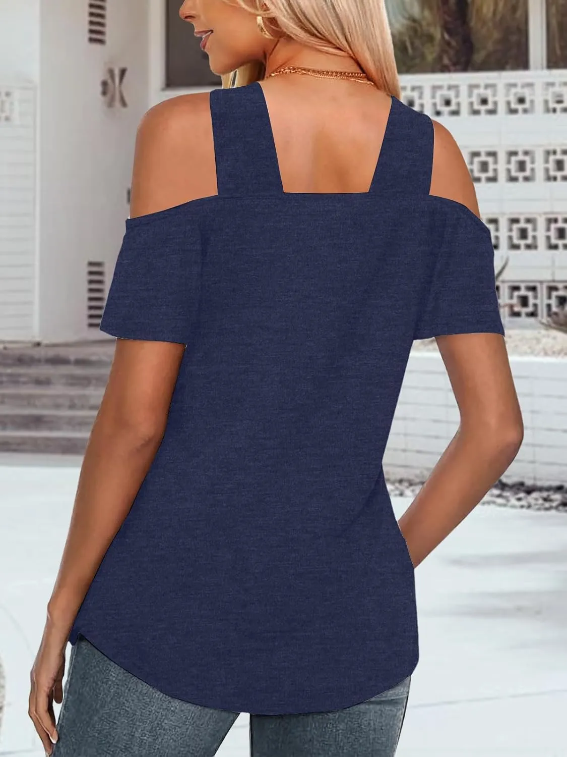 Womens Fashion Cold Shoulder Tops V Neck Blouse Tunic Shirts Summer Short Sleeve T Shirts