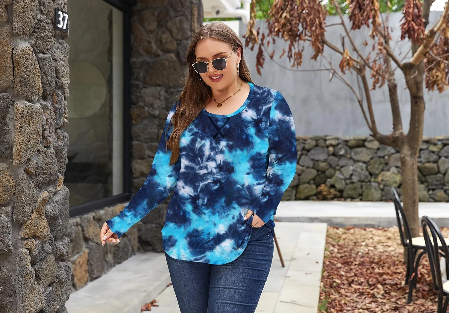 Women's Plus Size Long Sleeve Round Neck Tunics Tops Casual Loose Fit T Shirt Blouse