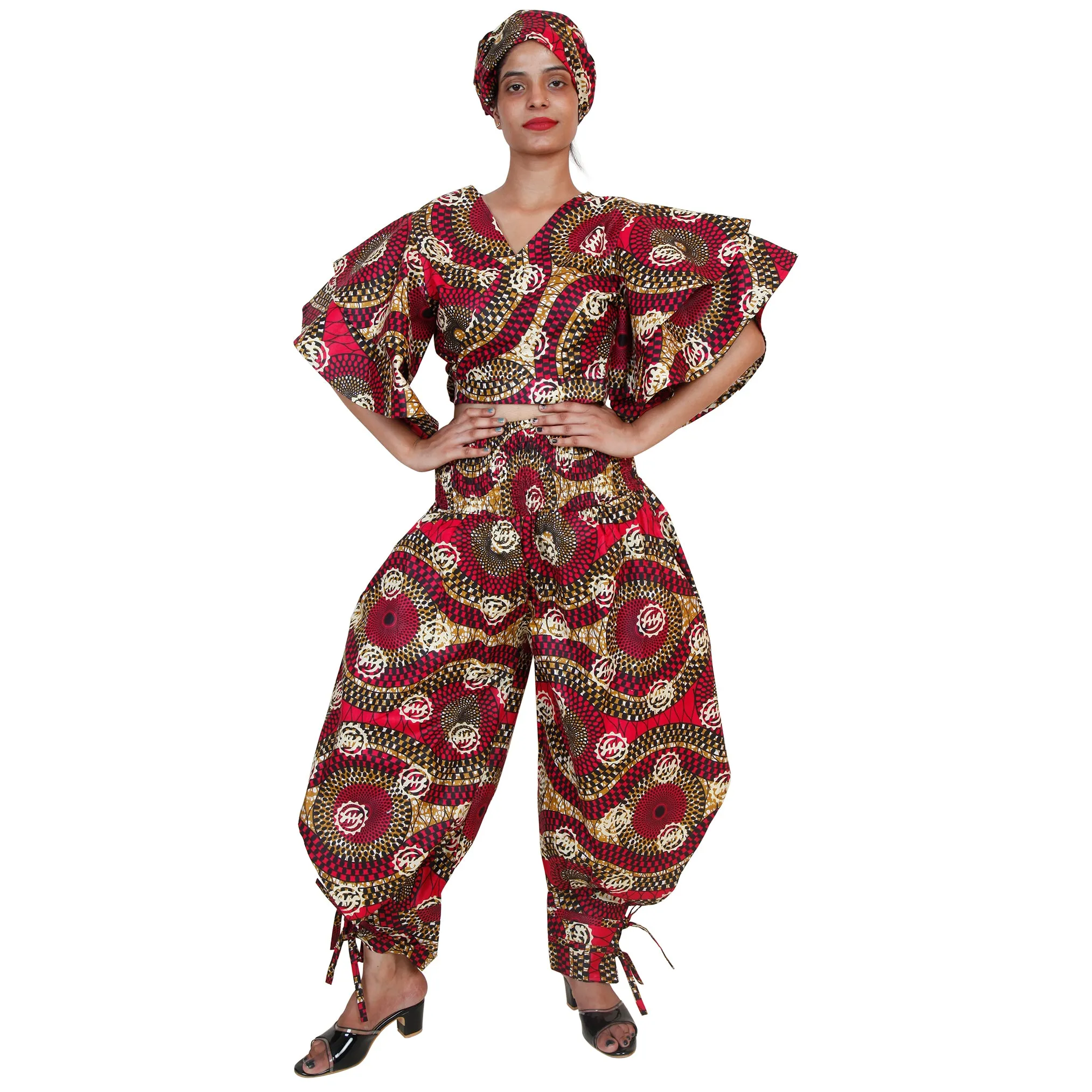 Women's Ruffle Sleeve Wrap Blouse Pant Set - FI-4037