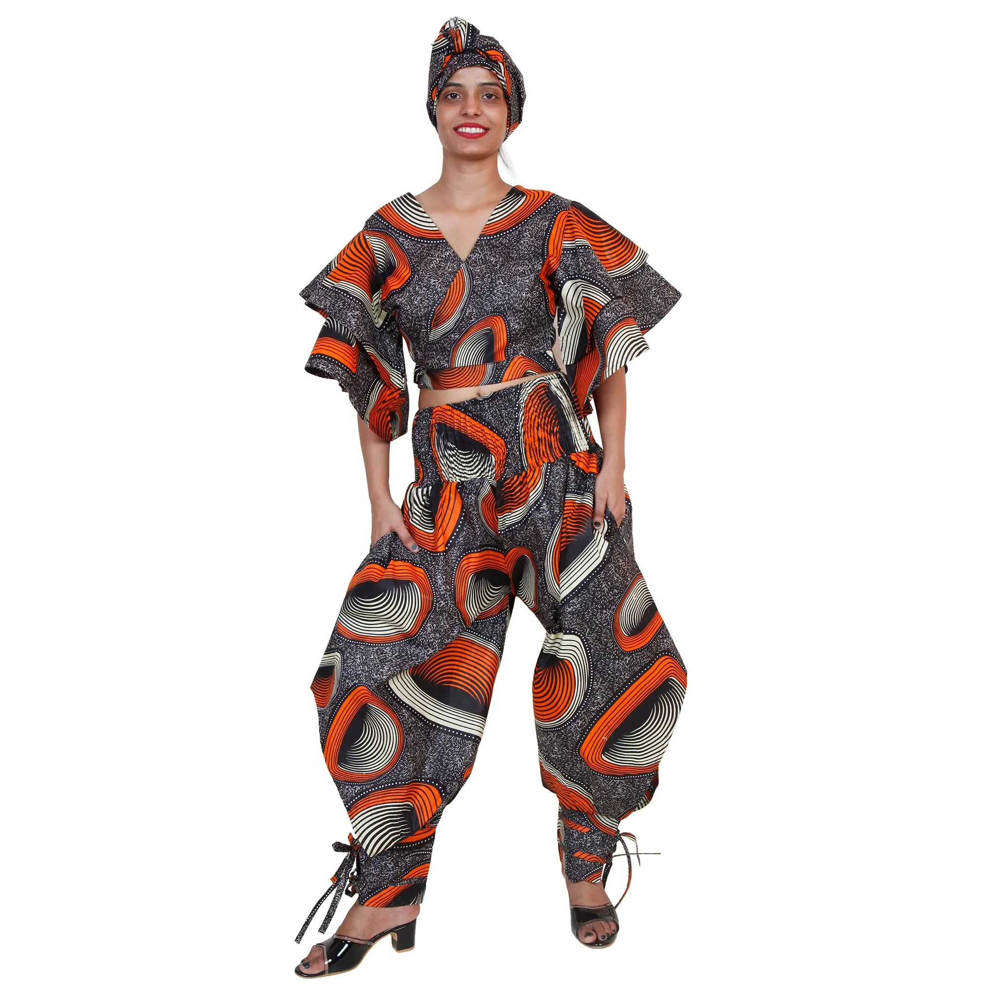 Women's Ruffle Sleeve Wrap Blouse Pant Set - FI-4037
