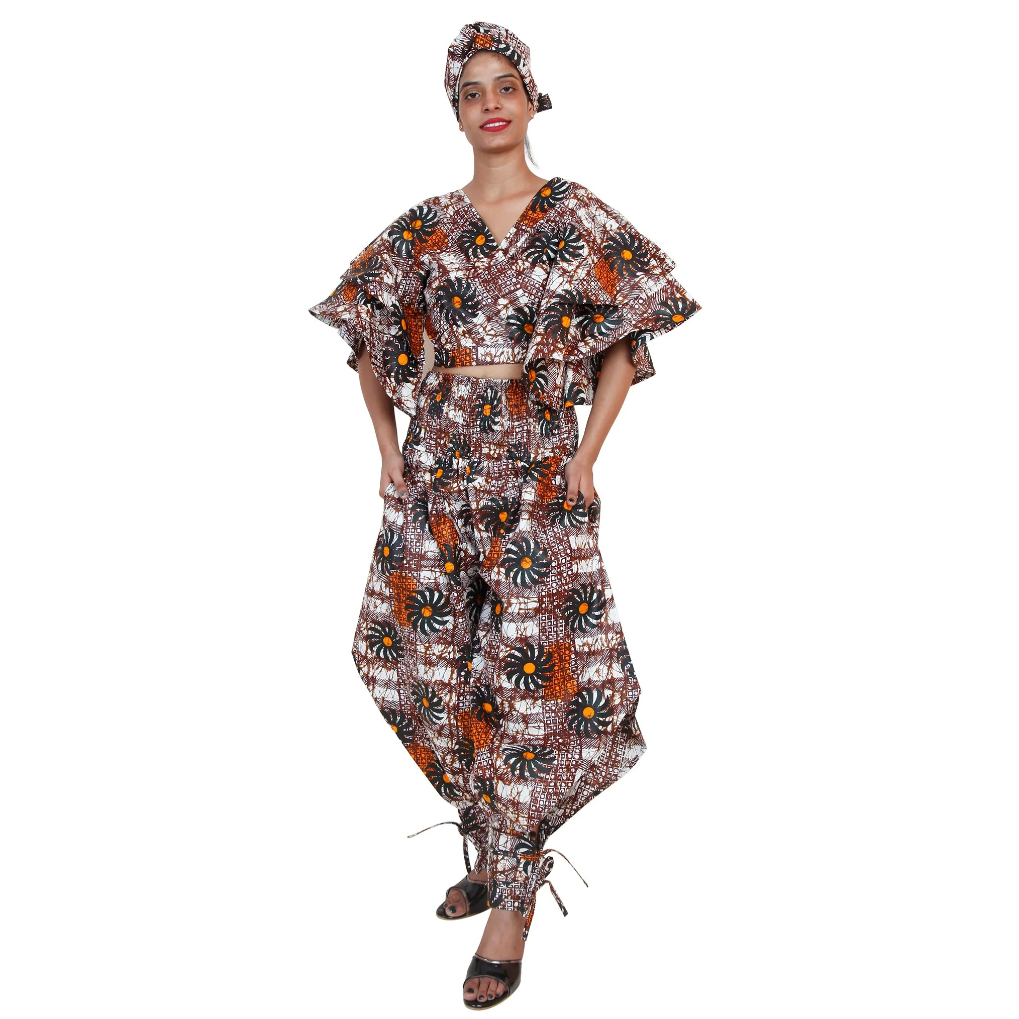 Women's Ruffle Sleeve Wrap Blouse Pant Set - FI-4037