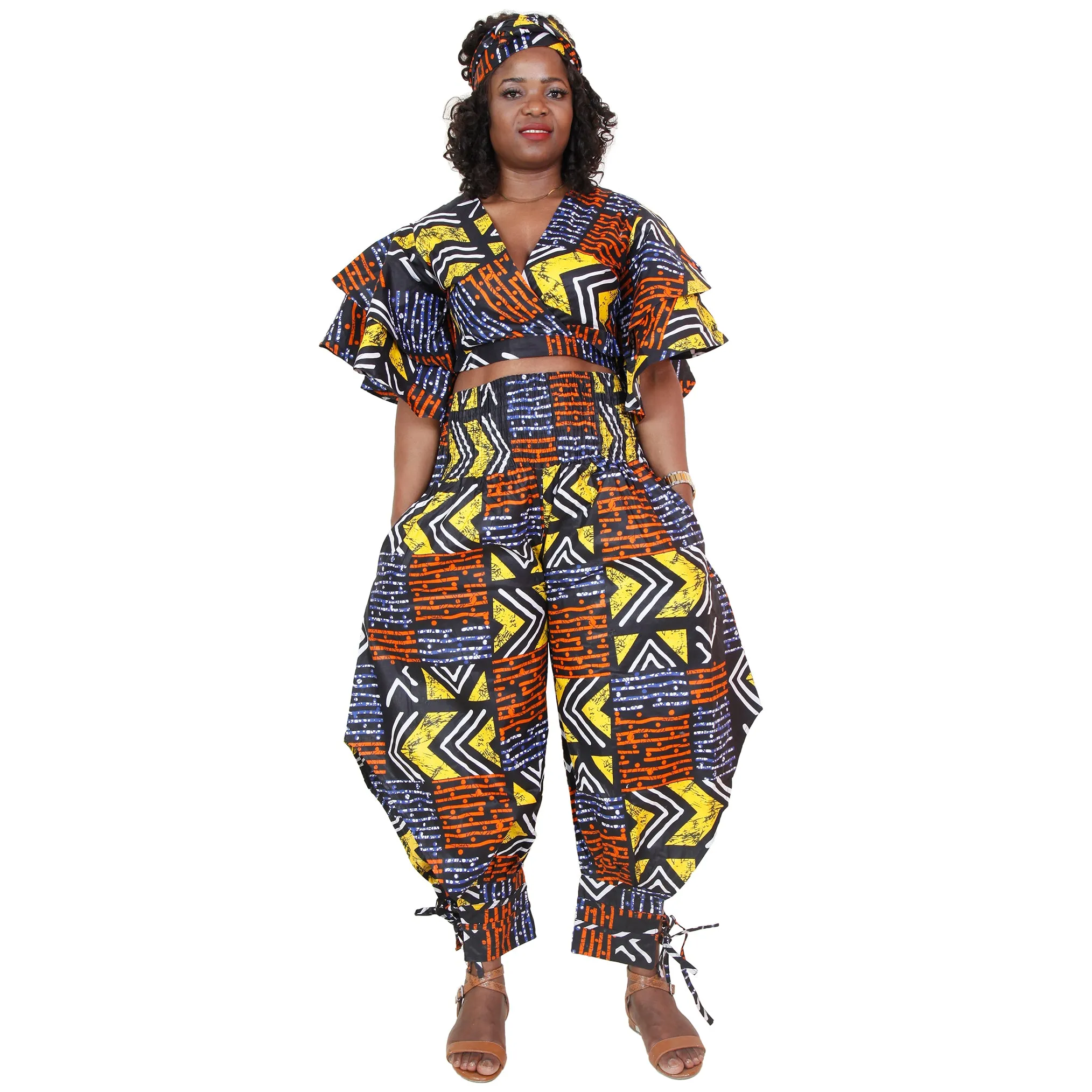 Women's Ruffle Sleeve Wrap Blouse Pant Set - FI-4037