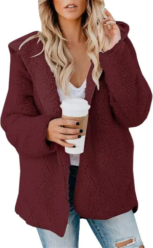 Womens Sherpa Jacket Oversized Fuzzy Fleece Teddy Coat Slouchy Open Front Hooded Cardigan with Pockets Winter Clothes