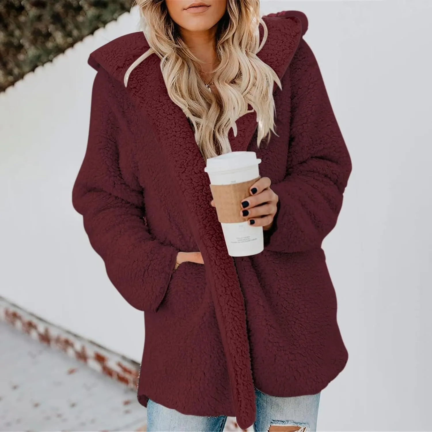 Womens Sherpa Jacket Oversized Fuzzy Fleece Teddy Coat Slouchy Open Front Hooded Cardigan with Pockets Winter Clothes