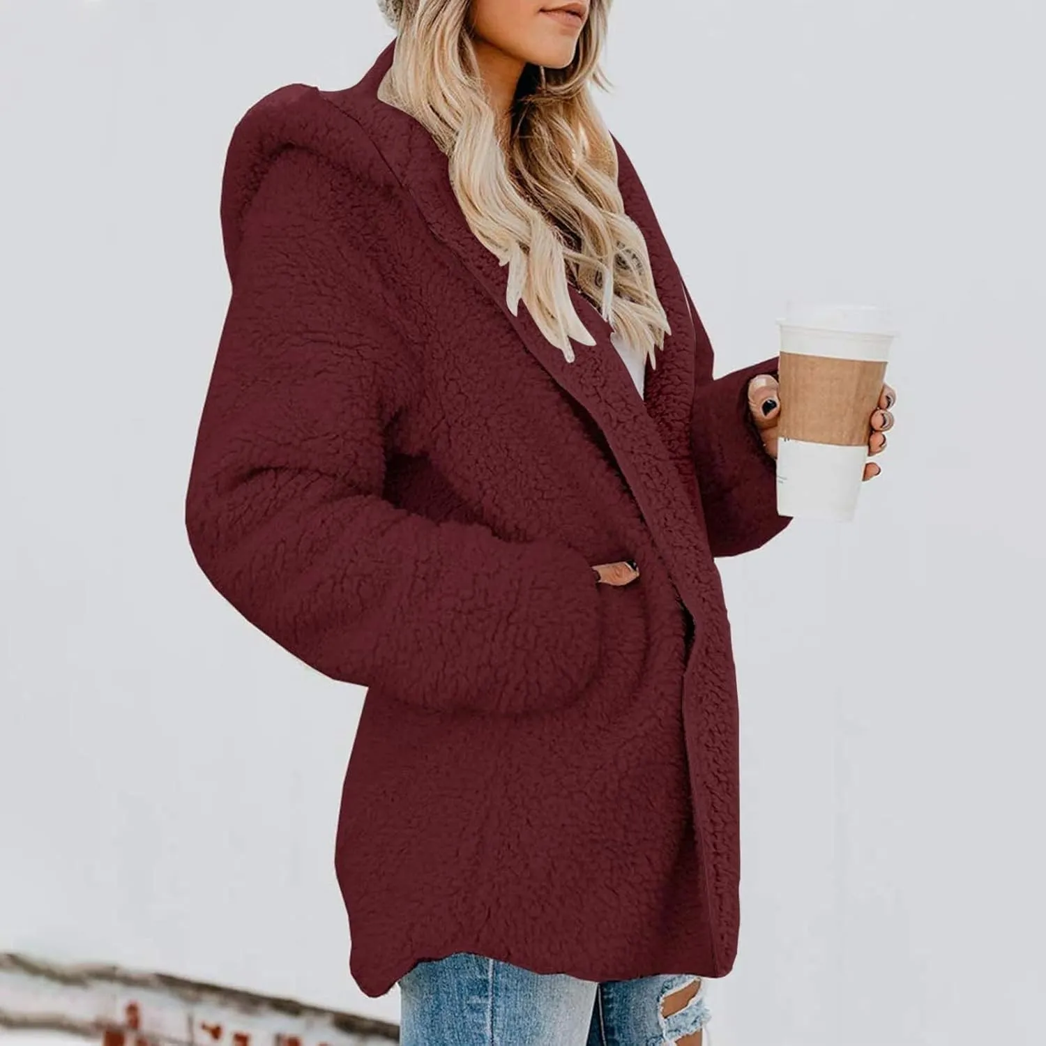 Womens Sherpa Jacket Oversized Fuzzy Fleece Teddy Coat Slouchy Open Front Hooded Cardigan with Pockets Winter Clothes