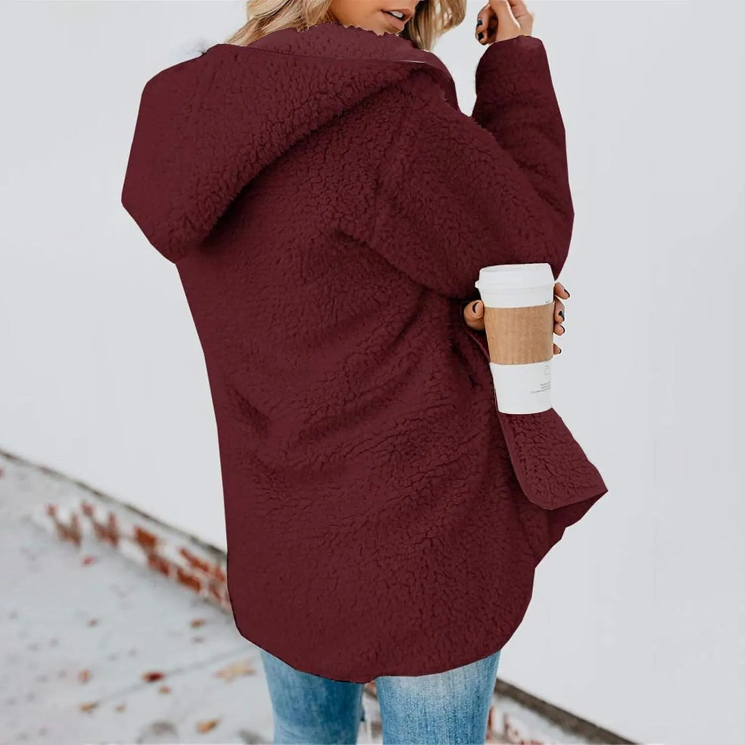 Womens Sherpa Jacket Oversized Fuzzy Fleece Teddy Coat Slouchy Open Front Hooded Cardigan with Pockets Winter Clothes