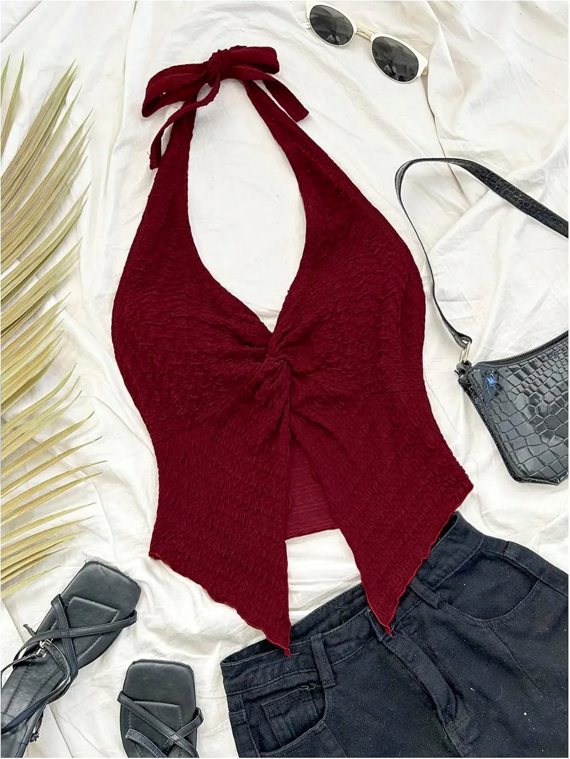 Women's Y2K Twist Front Halter Top Textured Ruched Cami Tops Tie Backless Crop Tops Split Tank Tops