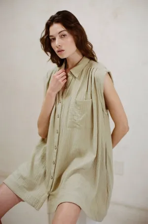 Woven Cotton Gauze Sleeveless Tunic Dress Dusty Sage