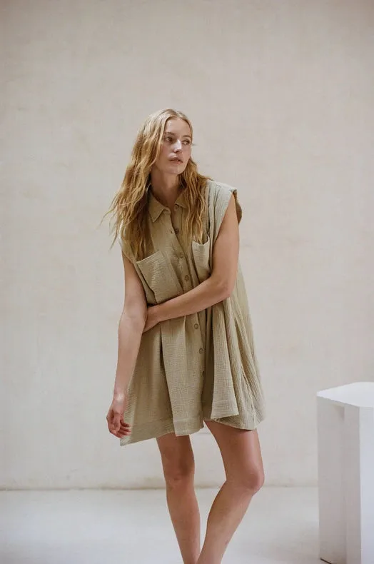 Woven Cotton Gauze Sleeveless Tunic Dress Dusty Sage