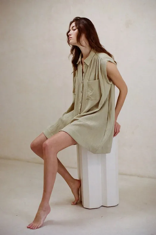 Woven Cotton Gauze Sleeveless Tunic Dress Dusty Sage