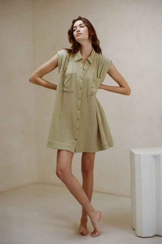 Woven Cotton Gauze Sleeveless Tunic Dress Dusty Sage
